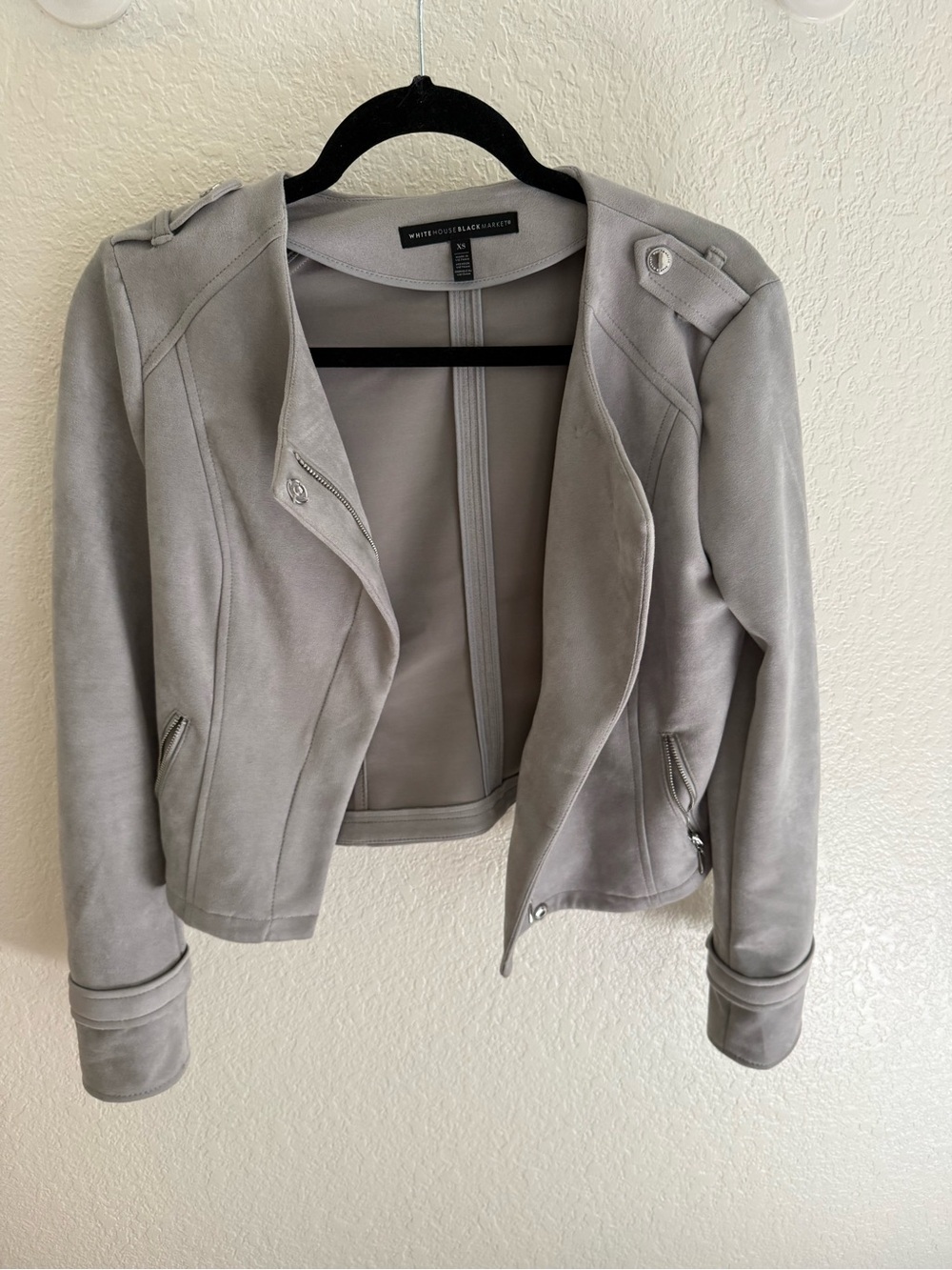 White House Black Market Light Gray Suede-Look Moto Blazer
